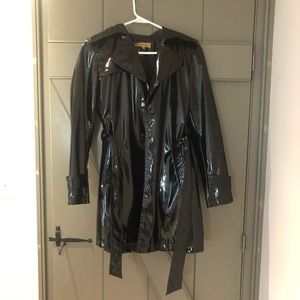 NOTATIONS Black Pleather Faux Patent Leather Trench Jacket Coat Belt Small